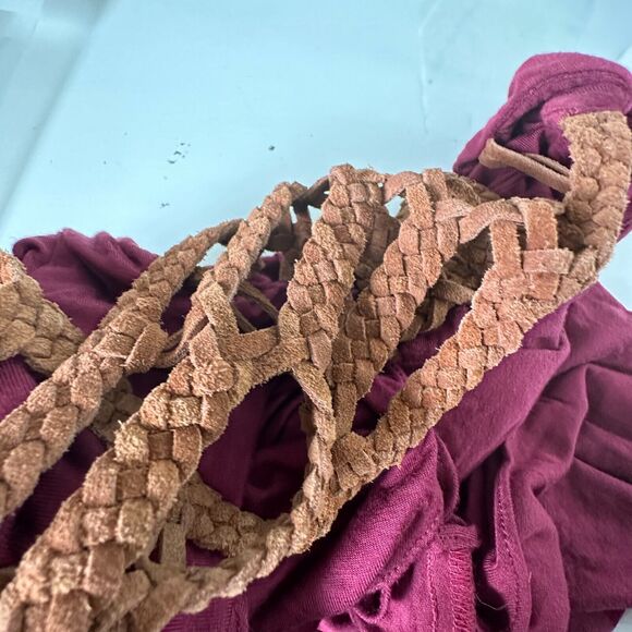 Sky Burgundy Scoop Neck Hand Braided Leather Design Back Strap Flowy Dress XS - Picture 9 of 14